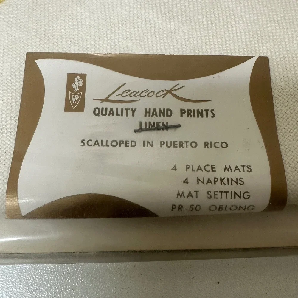 Vtg Leacock Quality Hand Prints Linen Scalloped Napkins Place Mats Set Retro NEW